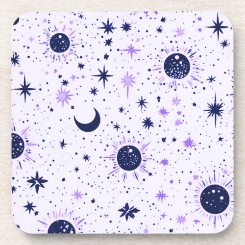 Black and Purple Celestial Sun Moon Stars Beverage Coaster