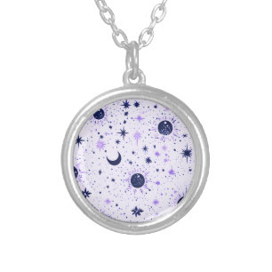 Black and Purple Celestial Sun Moon Stars Silver Plated Necklace