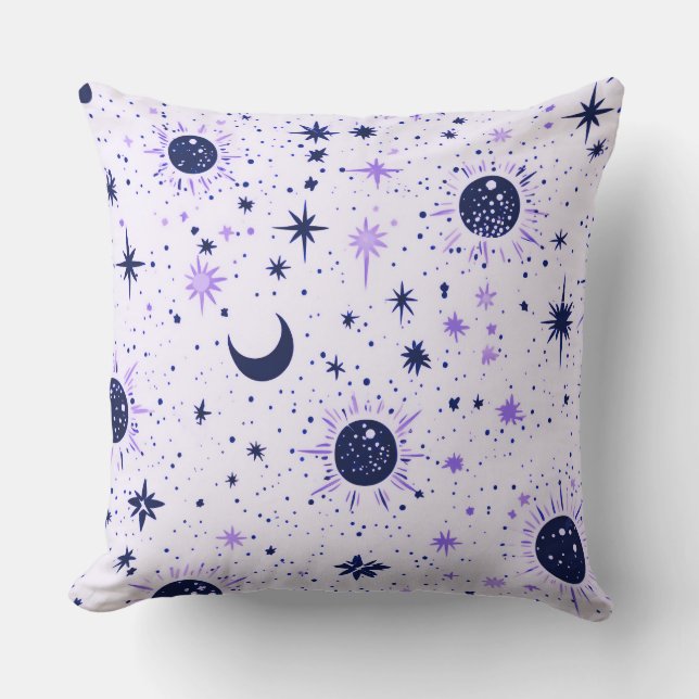 Black and Purple Celestial Sun Moon Stars Throw Pillow (Front)