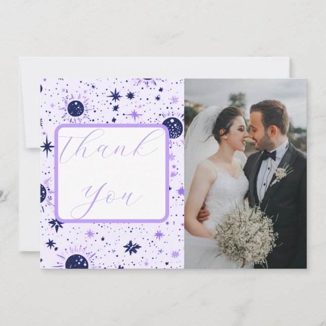 Black and Purple Celestial Sun Moon Stars Wedding Thank You Card (Front)
