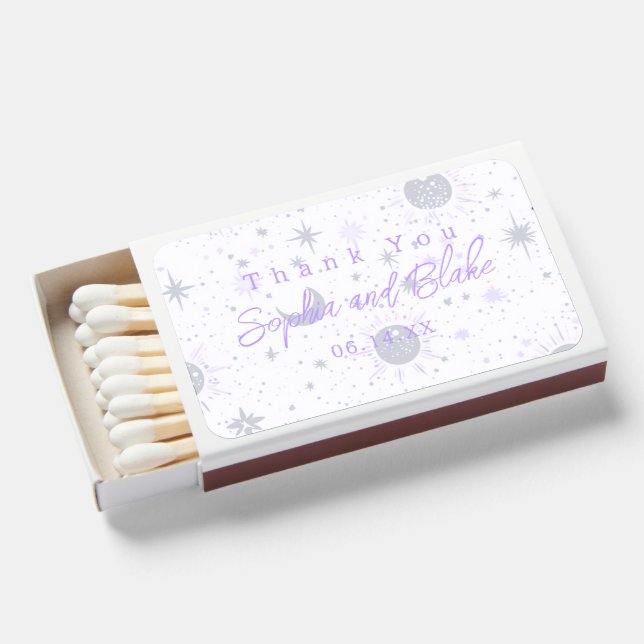 Black and Purple Celestial Wedding Favor Matchboxes (Front Open)