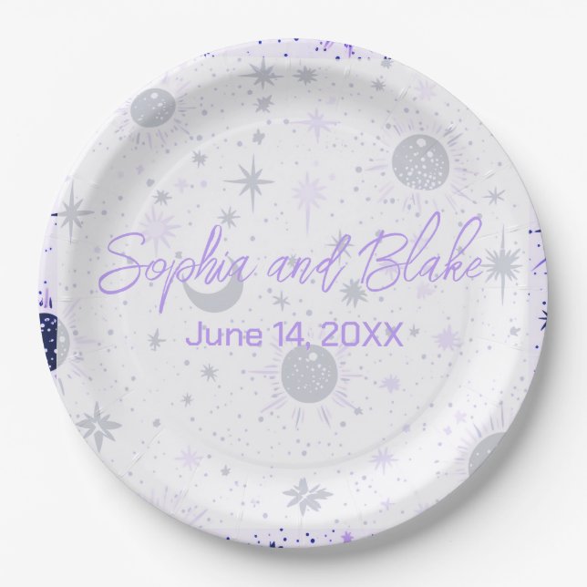 Black and Purple Celestial Wedding Paper Plates (Front)
