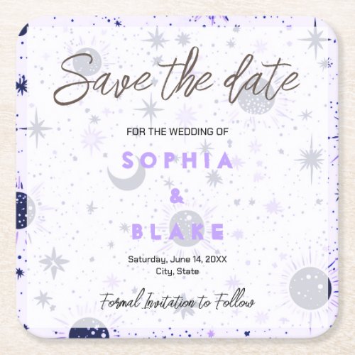 Black and Purple Celestial Wedding Save the Date Square Paper Coaster