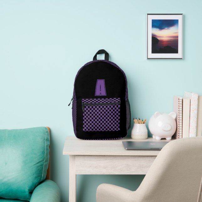 Black and purple checkerboard monogram printed backpack (Insitu)