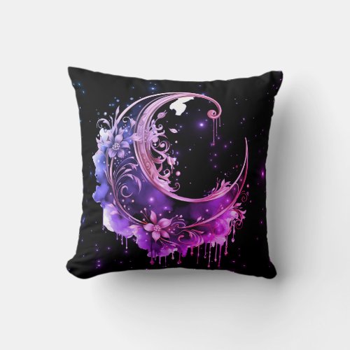 Black and Purple Crescent Moon Starry Halloween Throw Pillow