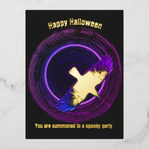 Black and Purple Crow Halloween Foil Invitation Postcard