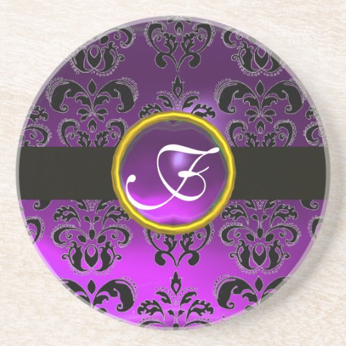 BLACK AND PURPLE DAMASK Amethyst Monogram Sandstone Coaster