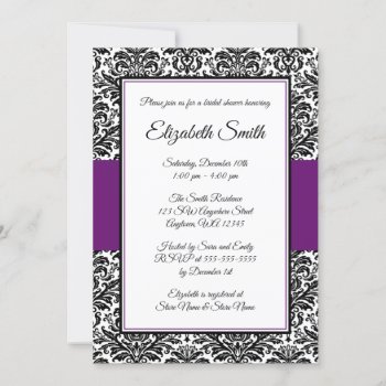 Black And Purple Damask Bridal Shower Invitation by printcreekstudio at Zazzle