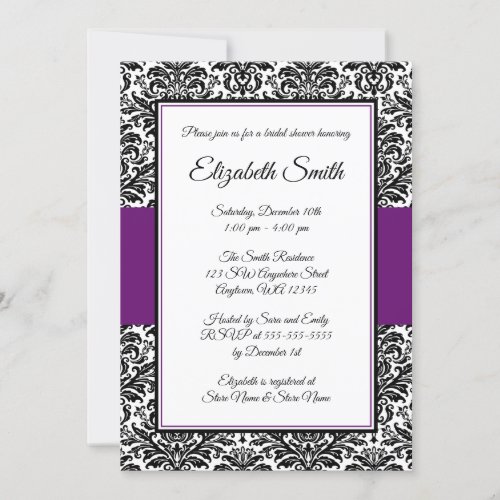 Black and Purple Damask Bridal Shower Invitation
