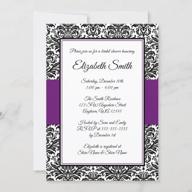 Black And Purple Damask Bridal Shower Invitation Zazzle