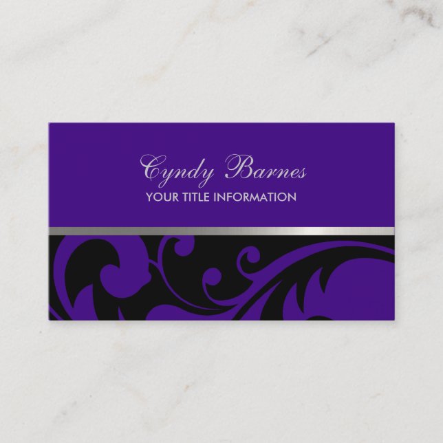 Black and Purple Damask Business Card (Front)