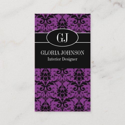 Black and Purple Damask Monogram Business Card