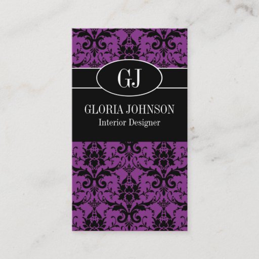 Customizable Black and Purple Damask Monogram Business Card