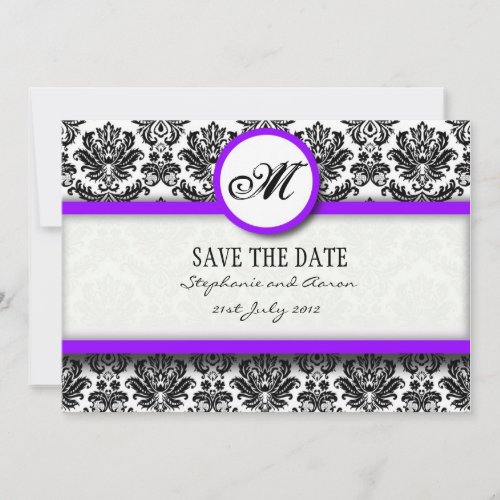 Black and Purple Damask Monogram Save The Date