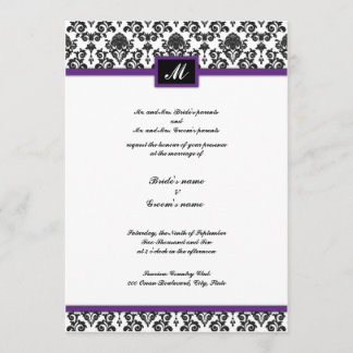 Black and Purple Damask Monogram Wedding Invite