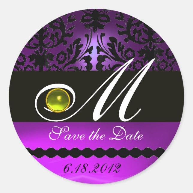 BLACK AND PURPLE DAMASK MONOGRAM, YellowTopaz Classic Round Sticker (Front)