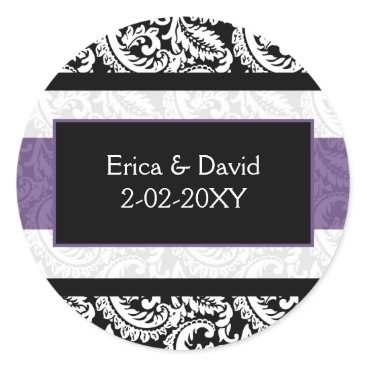 Black and Purple Damask Wedding Classic Round Sticker