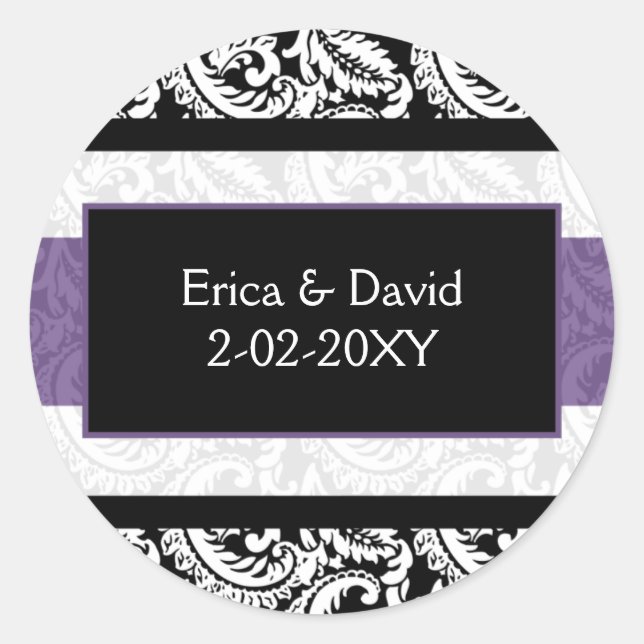 Black and Purple Damask Wedding Classic Round Sticker (Front)