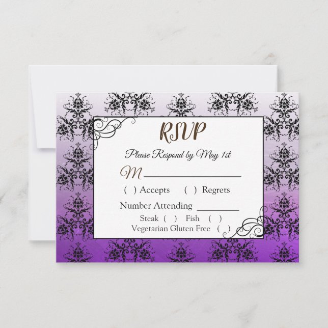 Black and Purple Damask Wedding RSVP card (Front)
