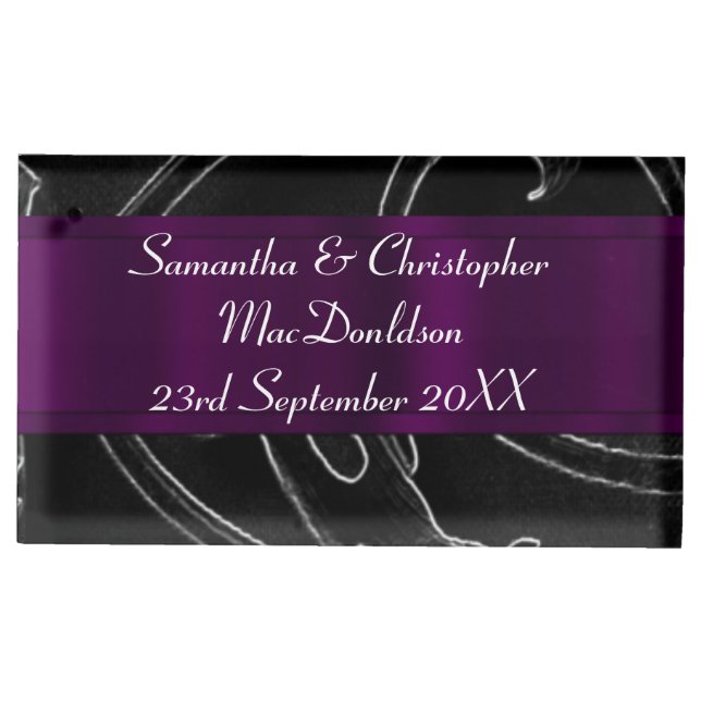 Black and purple damask wedding table card holder (Front)