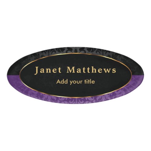Black and Purple Damask with Gold Trim Design Name Tag