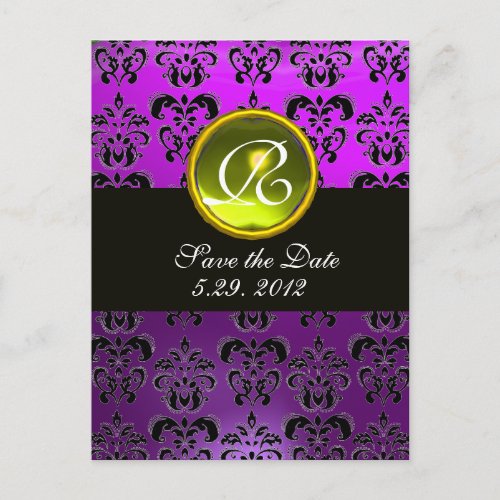 BLACK AND PURPLE DAMASK  YELLOW TOPAZ Monogram Announcement Postcard