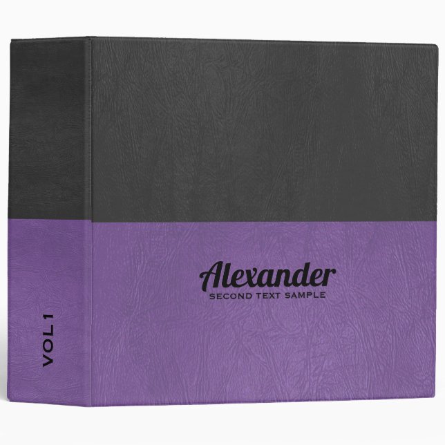 Black and purple fay leather split-screen design. 3 ring binder (Front/Spine)