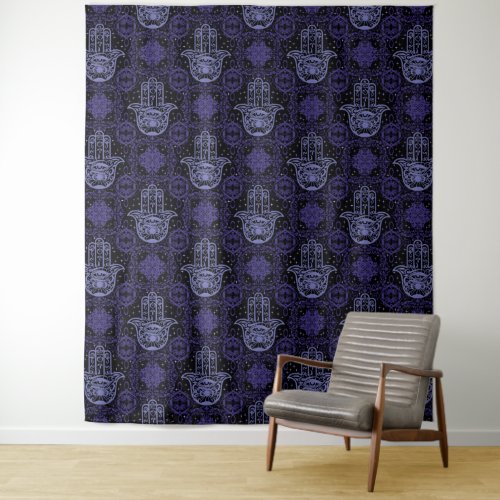 Black and Purple Felt Look Hamsa Hand Tapestry