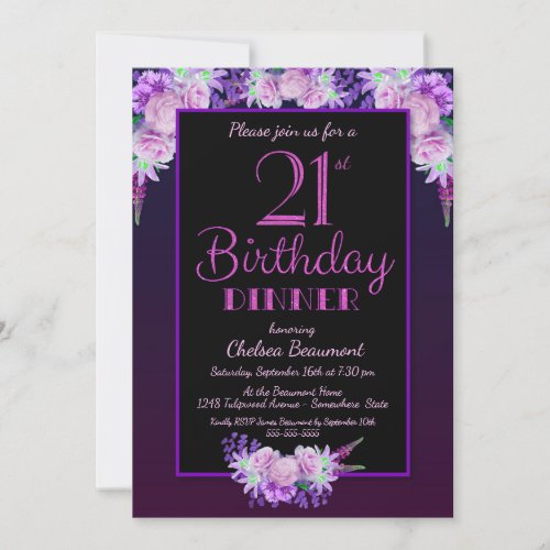 Black and Purple Floral 21st Birthday Dinner Party Invitation