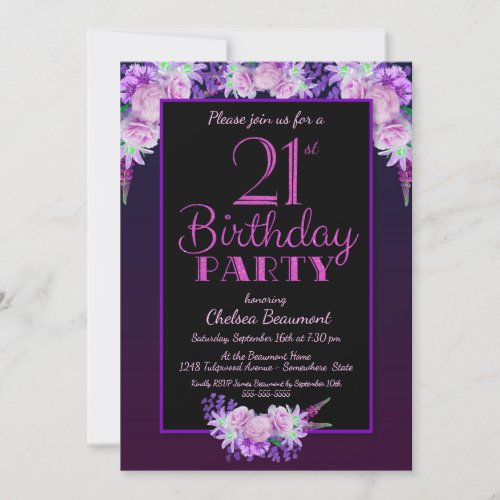 Black and Purple Floral 21st Birthday Party Invitation