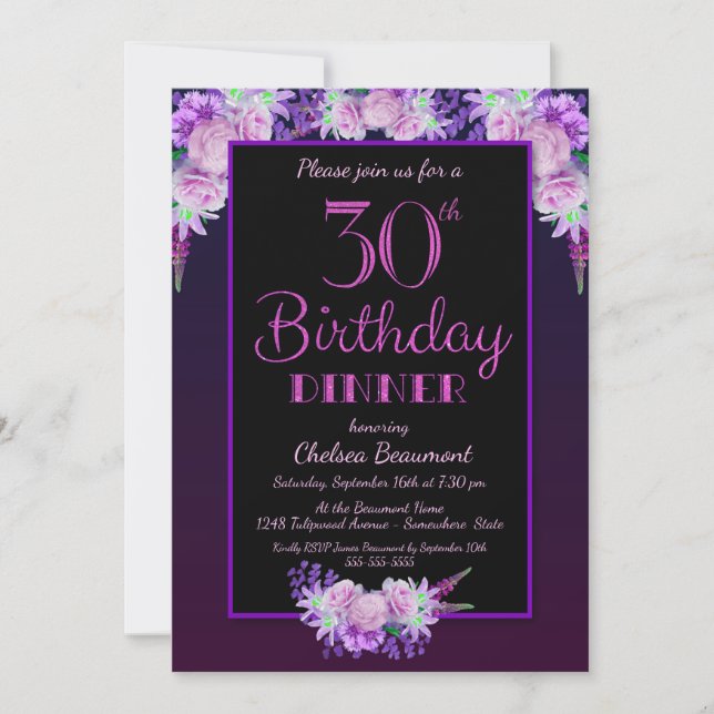 Black and Purple Floral 30th Birthday Dinner Party Invitation (Front)