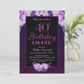 Black and Purple Floral 40th Birthday Dinner Party Invitation (Standing Front)