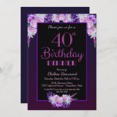 Black and Purple Floral 40th Birthday Dinner Party Invitation (Front/Back)