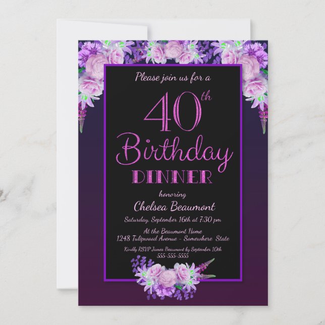 Black and Purple Floral 40th Birthday Dinner Party Invitation (Front)