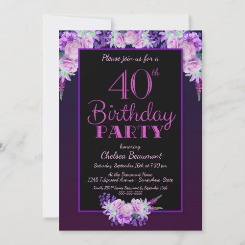 Black and Purple Floral 40th Birthday Party Invitation