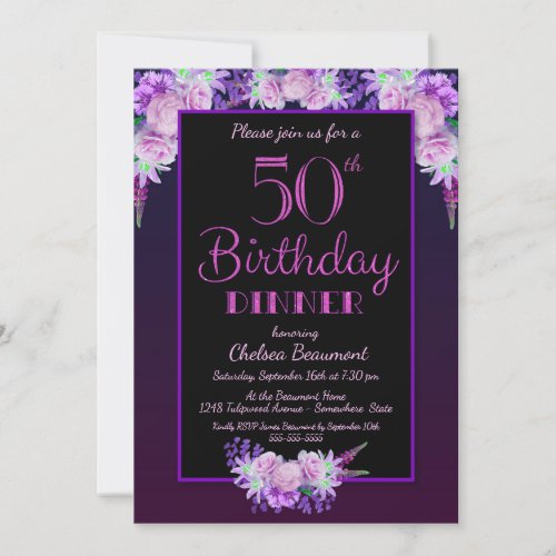 Black and Purple Floral 50th Birthday Dinner Party Invitation