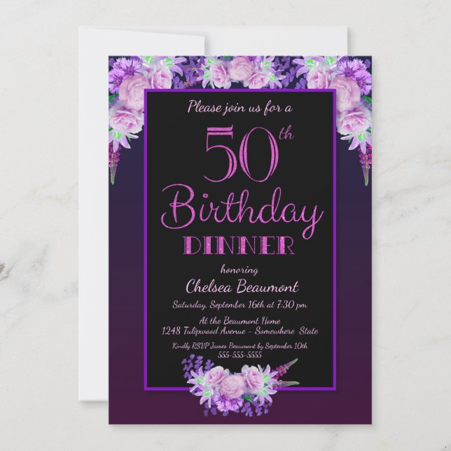 Black and Purple Floral 50th Birthday Dinner Party Invitation (Front)