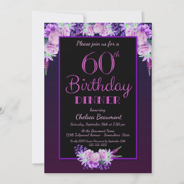 Black and Purple Floral 60th Birthday Dinner Party Invitation (Front)