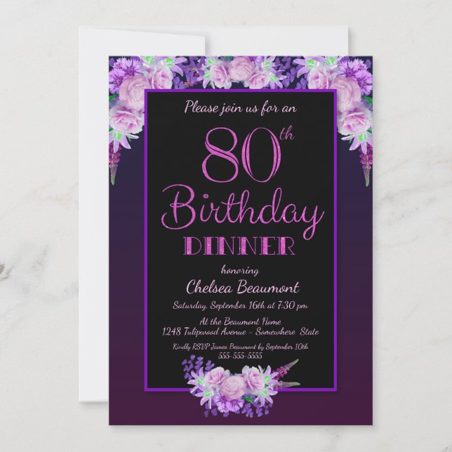 Black and Purple Floral 80th Birthday Dinner Party Invitation (Front)