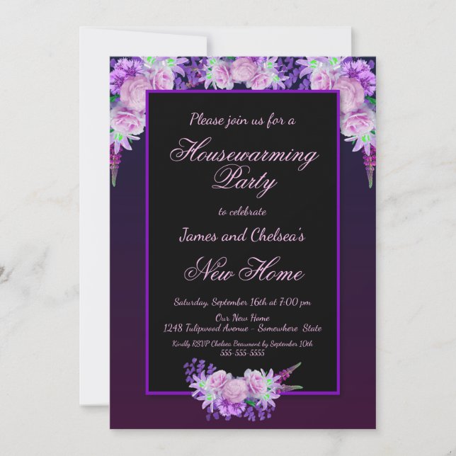 Black and Purple Floral Housewarming Party Invitation (Front)