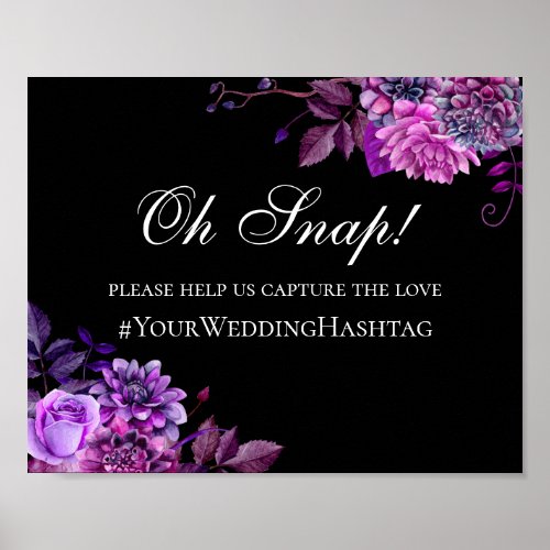 Black and purple flower Wedding instagram hashtag Poster