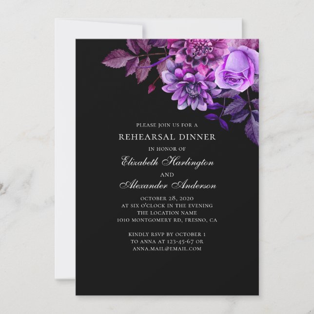 Black and purple flowers. Floral rehearsal dinner Invitation (Front)