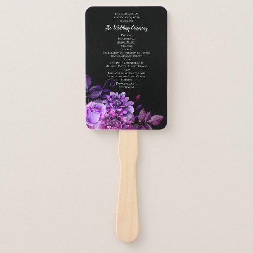 Black and purple flowers Floral wedding program Hand Fan