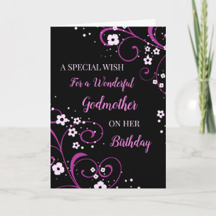 Black and Purple Flowers Godmother Birthday Card