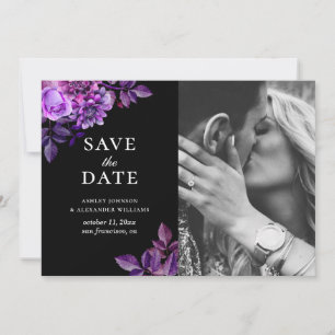 Black and purple flowers. Lilac floral photo Save The Date