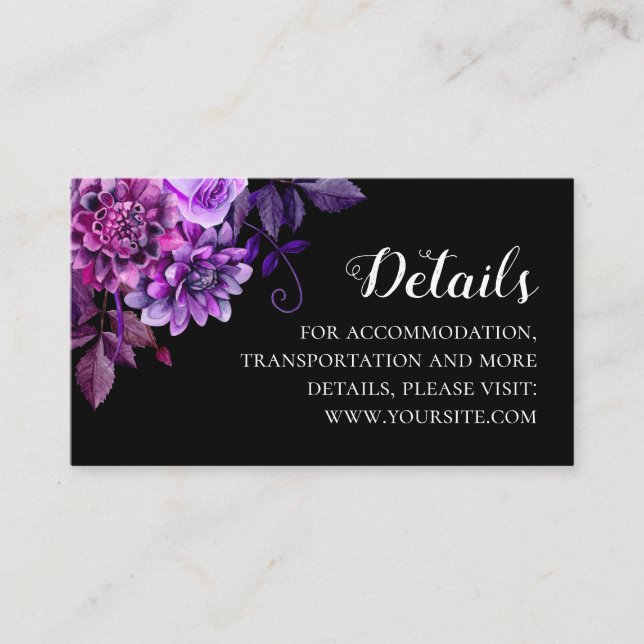 Black and purple flowers wedding details. Info Enclosure Card (Front)