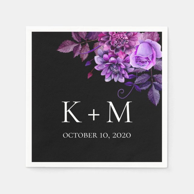 Black and purple flowers wedding. Lilac botanical Napkins (Front)