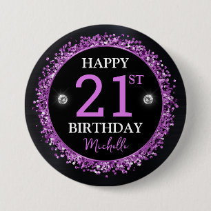 Black and Purple Glitter Confetti Birthday Button