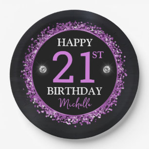 Black and Purple Glitter Confetti Birthday Paper Plates
