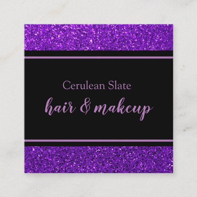 Black and Purple Glitter Girly Sparkle Salon Square Business Card (Front)